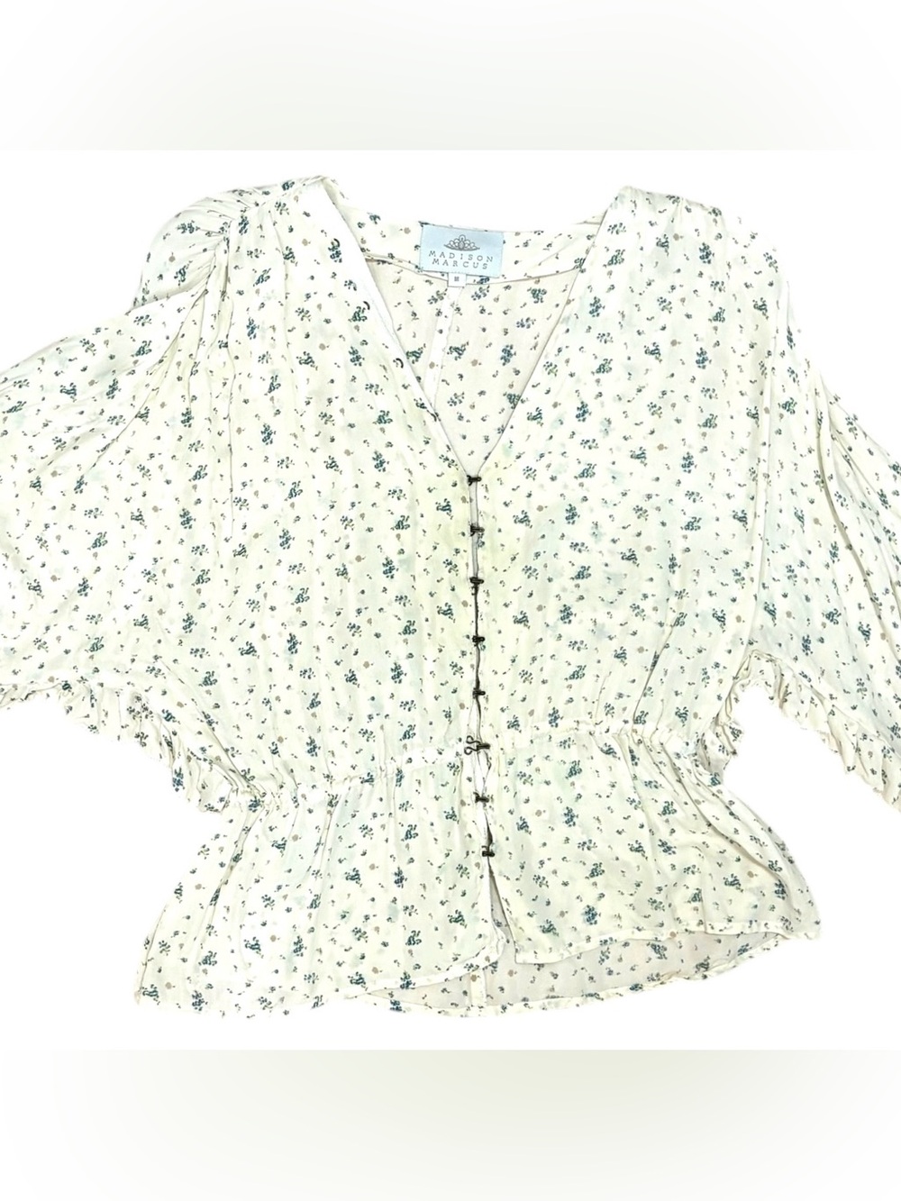 Madison Marcus Silk Cream Blouse with Blue Floral Print Size Medium
